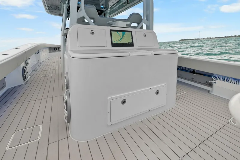 Slide: The Image of Freeman 47 boat interior, modern design, spacious deck, advanced navigation system, ocean view, 2099 model. - 39