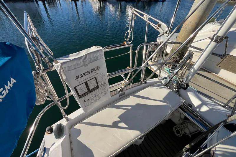 Slide: The Image of Catalina 36 MkII sailboat deck with Lifesling, docked in marina, 1984 model. - 14