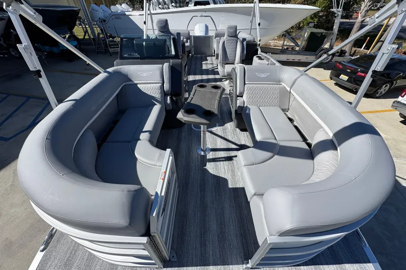Slide: The Image of 2026 Bennington 23 MFB pontoon boat with luxurious gray seating and modern design. - 22