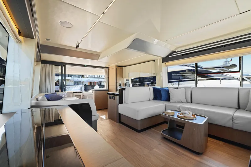 Slide: The Image of Luxurious interior of the 2024 Absolute 60 Fly yacht with modern furnishings. - 32
