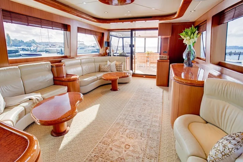 Slide: The Image of Luxurious interior of 2008 Horizon 82 Cockpit Motoryacht with elegant seating and wood finishes. - 10