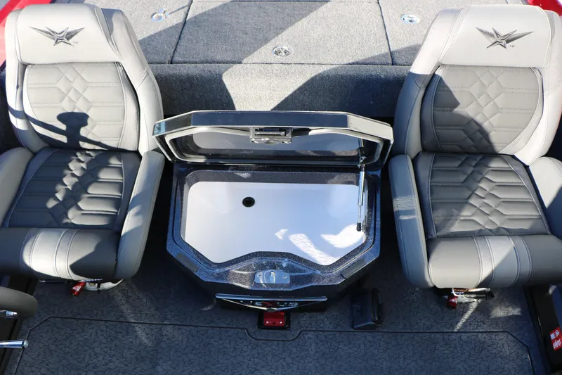 Slide: The Image of 2026 Vexus VXs21 boat interior with two gray seats and open storage compartment. - 37