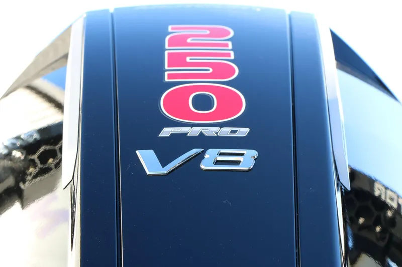 Slide: The Image of Close-up of 2026 Vexus VXs21 250 Pro V8 engine badge. - 9