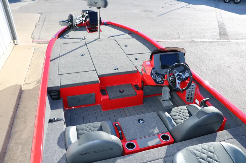 Slide: The Image of 2026 Vexus AVX 2080 boat interior with red accents, dual seats, and advanced dashboard controls. - 19