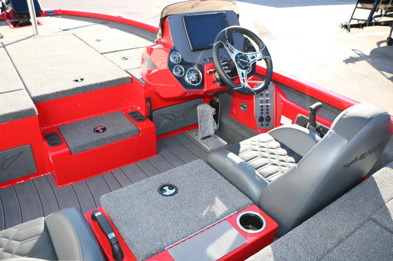 Slide: The Image of 2026 Vexus AVX 2080 boat interior with red accents and modern dashboard. - 21