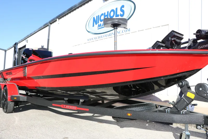 Slide: The Image of 2026 Vexus AVX 2080 boat in vibrant red on trailer at Nichols Marine. - 9