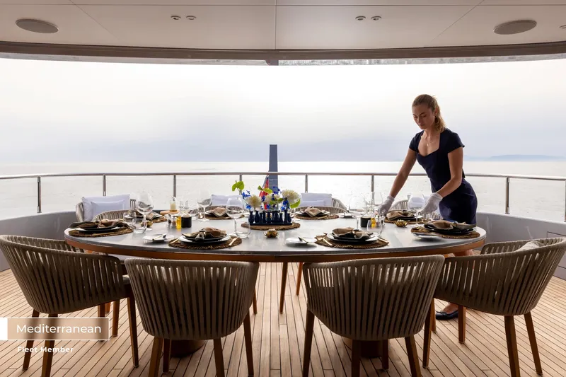 Slide: The Image of Luxury dining setup on 2023 Benetti Oasis 34M yacht, Mediterranean sea view. - 43