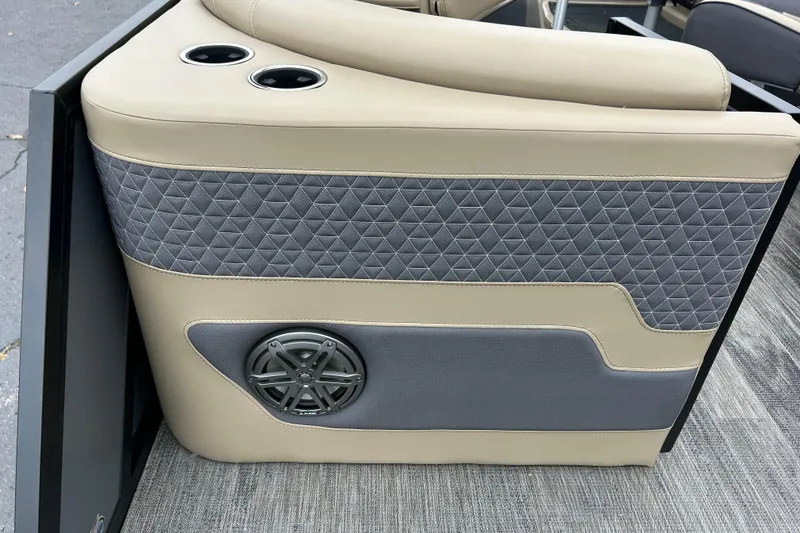Slide: The Image of Beige and gray Viaggio Lago Z-Q 2026 boat seat with cup holders and speaker. - 12