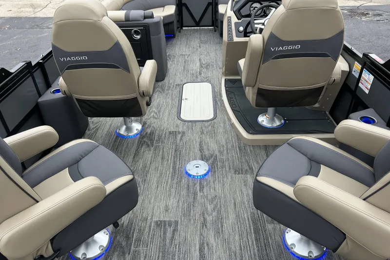 Slide: The Image of Interior of 2026 Viaggio Lago Z-Q boat with modern seating and LED lighting. - 14
