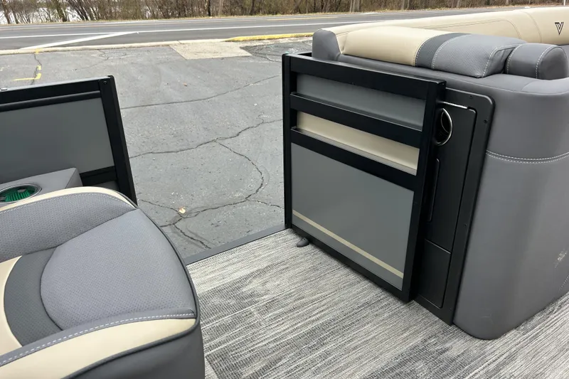 Slide: The Image of 2026 Viaggio Lago Z-Q boat interior with gray seating and modern design elements. - 26