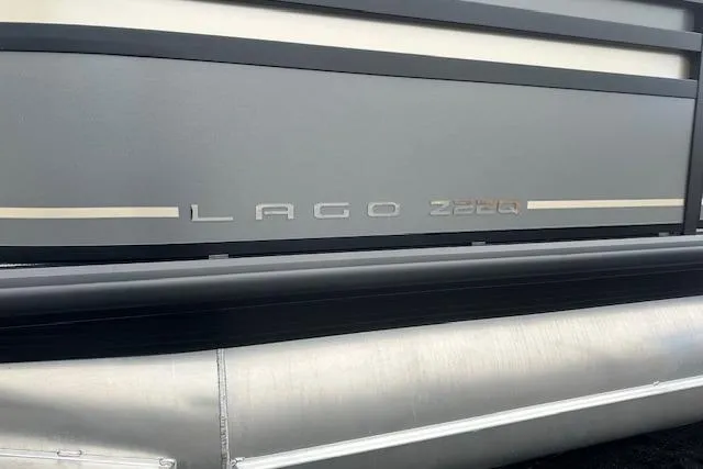 Slide: The Image of 2026 Viaggio Lago Z-Q pontoon boat, sleek design with metallic finish. - 3