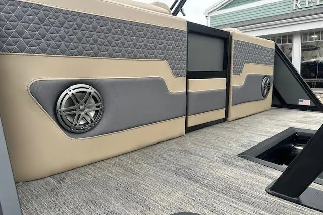 Slide: The Image of Luxurious interior of 2026 Viaggio Lago Z-Q boat with stylish upholstery and speaker system. - 6