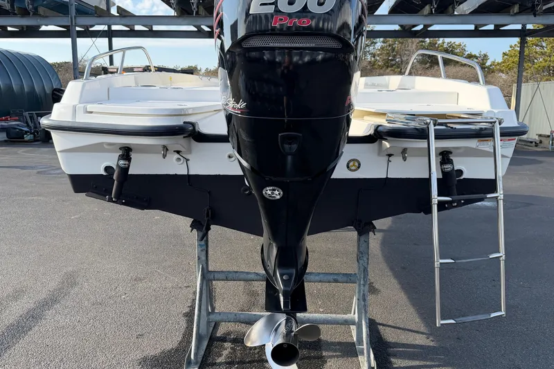 Slide: The Image of 2017 Boston Whaler 210 Dauntless boat with powerful outboard motor and swim ladder. - 19