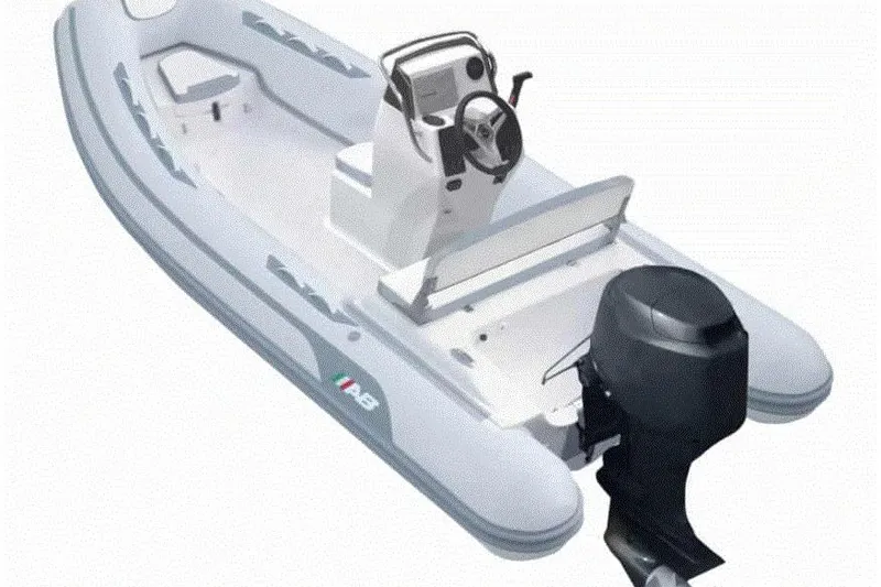 The Image of 2026 AB Inflatables Oceanus 14 VST boat with outboard motor, white and sleek design. - 1