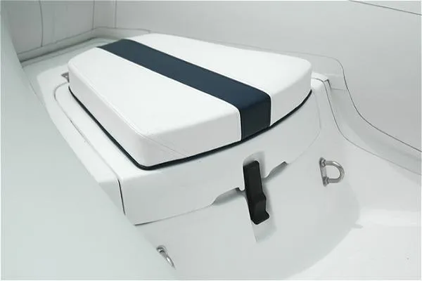 Slide: The Image of 2026 AB Inflatables Oceanus 14 VST seat detail with white and navy cushion. - 11