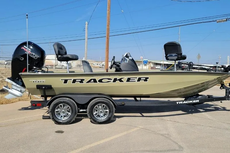 The Image of 2026 Tracker Pro Team 195 boat on trailer, parked outdoors under clear blue sky. - 0