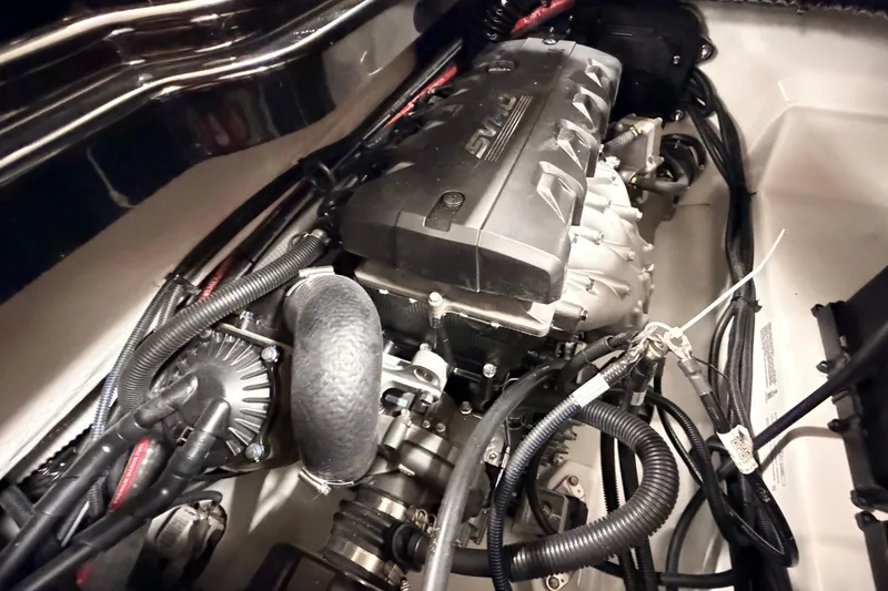 Slide: The Image of 2026 Yamaha Boats 275SD engine compartment with visible components and wiring. - 10