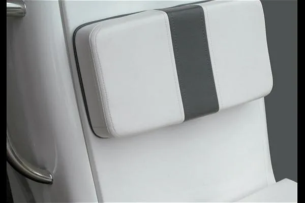 Slide: The Image of 2026 AB Inflatables Oceanus 14 VST seat detail with white and gray upholstery. - 12