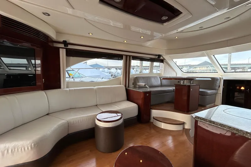 Slide: The Image of Luxurious interior of 2008 Sea Ray 52 Sedan Bridge yacht with elegant seating and panoramic windows. - 18