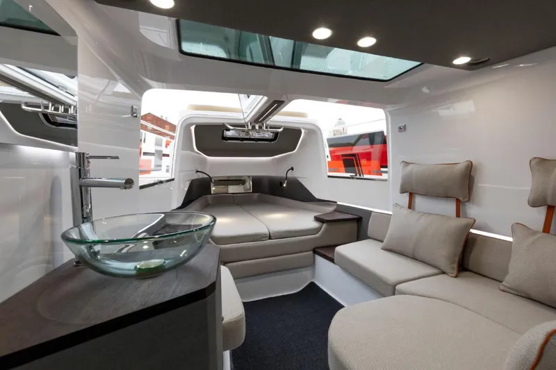 Slide: The Image of Interior of 2021 Axopar 37 XC Cross Cabin with modern design. - 6