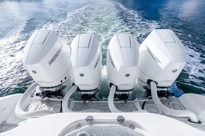 Slide: The Image of Four Mercury Verado outboard engines on a 2015 Yellowfin 42 Offshore boat. - 20