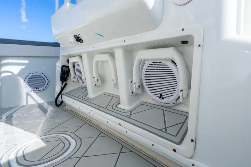 Slide: The Image of 2015 Yellowfin 42 Offshore boat interior with speakers and modern design. - 40
