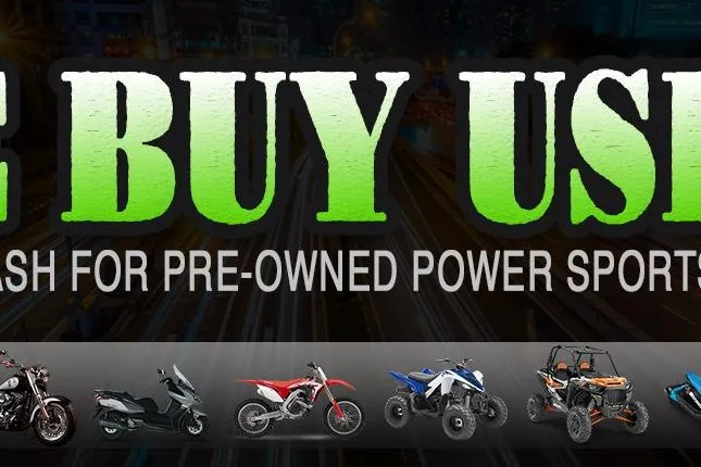 Slide: The Image of Pre-owned power sports vehicles for sale, including 2021 Sea-Doo GTI SE 130. - 2