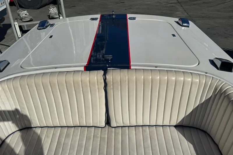 Slide: The Image of 2002 Donzi 22 Shelby GT boat with white seating and blue stripe detail. - 10