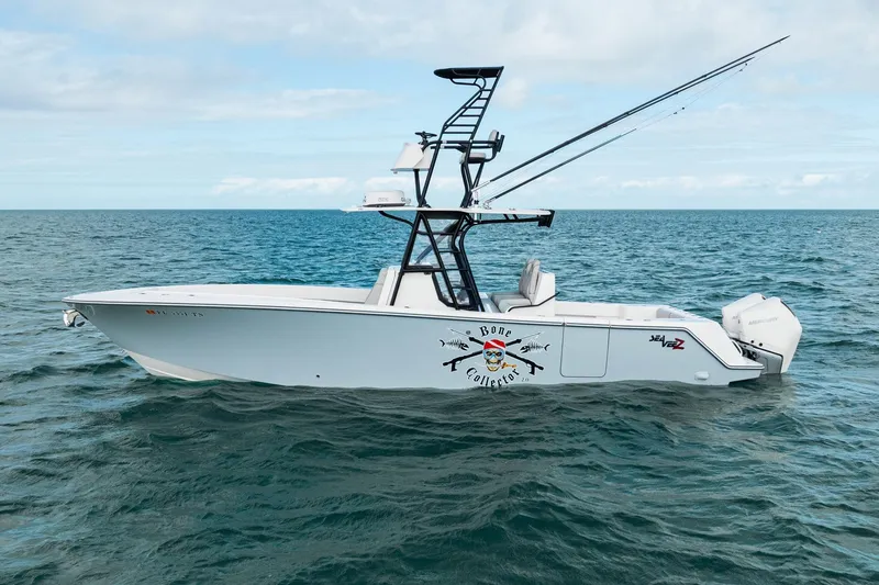 The Image of Futuristic SeeVee 32 boat on open sea, featuring sleek design and advanced fishing equipment. - 1