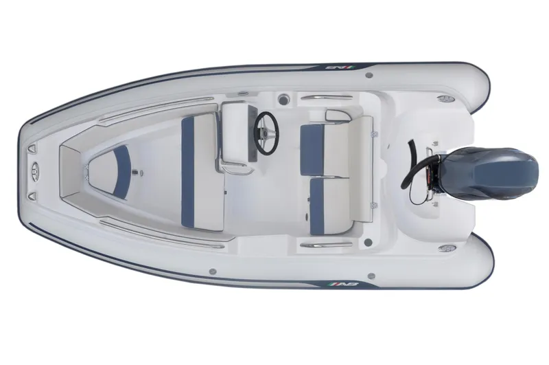 Slide: The Image of 2024 AB Inflatables Nautilus 13 DLX boat, top view, featuring seating and steering console. - 10