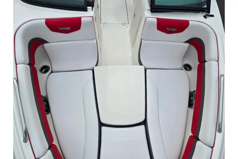 Slide: The Image of 2015 Chaparral Vortex 223 VRX boat interior with red and white seating. - 22