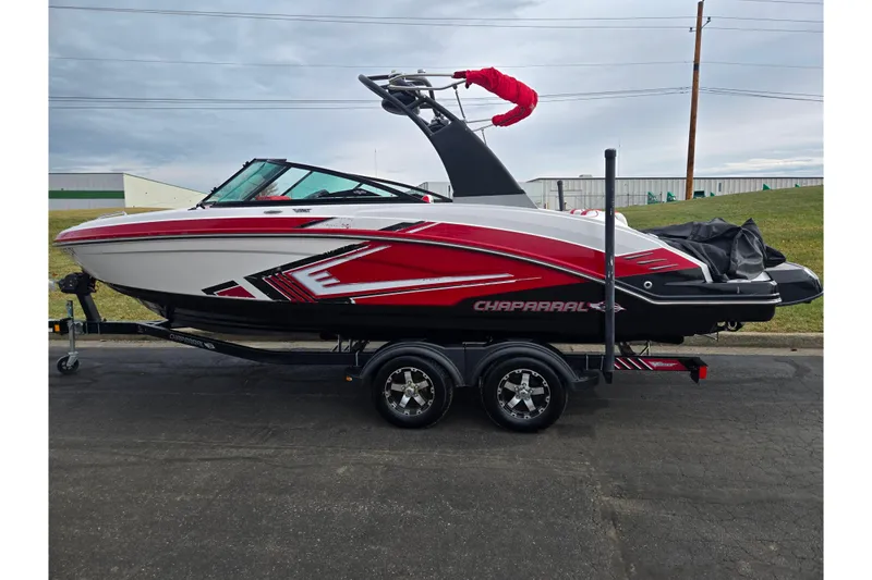 Slide: The Image of 2015 Chaparral Vortex 223 VRX boat on trailer, red and white design. - 4