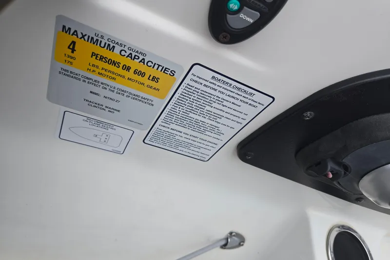 Slide: The Image of 2015 Nitro Z-7 boat capacity label and boater's checklist. - 12