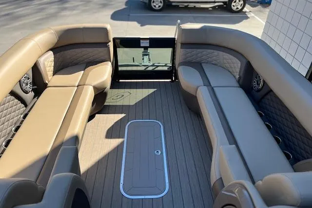 Slide: The Image of Luxurious interior of 2026 Godfrey Monaco 255 SFLC pontoon boat with plush seating. - 25