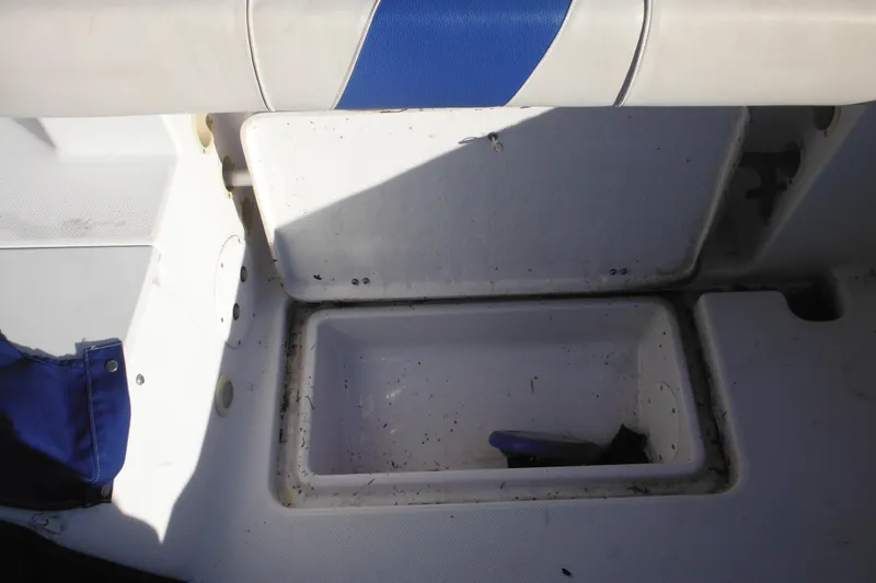 Slide: The Image of Storage compartment on a 2000 Pro-Line 23 Walkaround boat, featuring a blue and white seat. - 29