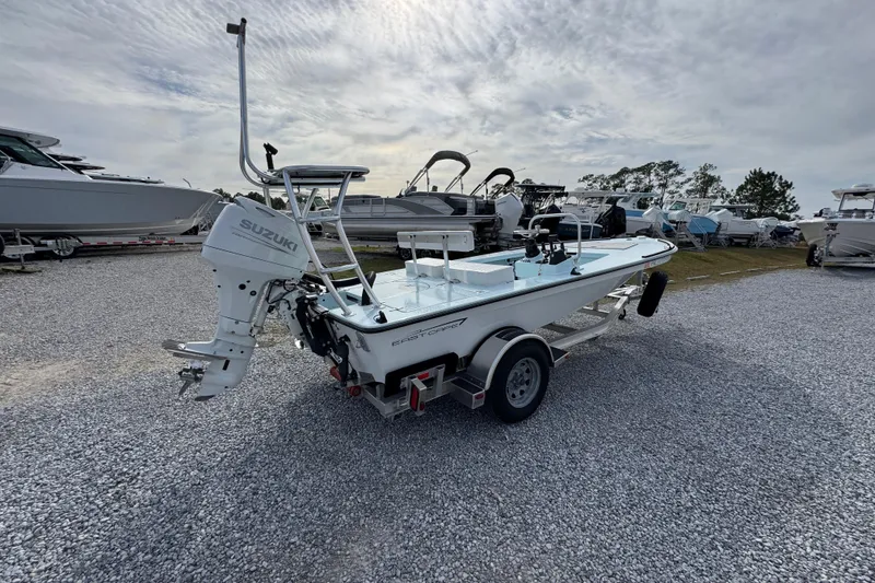 Slide: The Image of 2024 East Cape EVO 18 boat with Suzuki outboard motor on trailer, parked in a boatyard. - 4