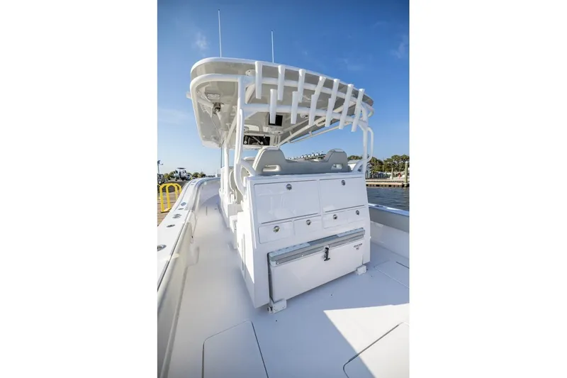 Slide: The Image of 2027 Onslow Bay 41 Tournament Edition boat, featuring sleek design and spacious deck. - 4