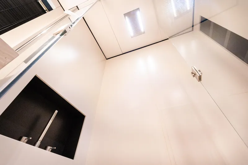 Slide: The Image of Modern shower interior on 2018 Custom Line Navetta 33 yacht, featuring sleek design and fixtures. - 39