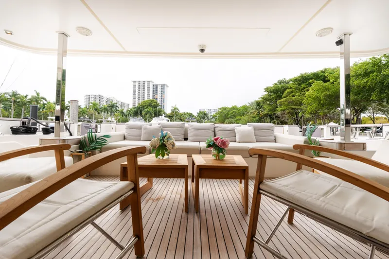 Slide: The Image of Luxurious 2018 Custom Line Navetta 33 yacht deck with elegant seating and scenic view. - 6