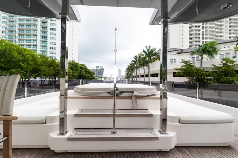 Slide: The Image of Luxurious 2018 Custom Line Navetta 33 yacht deck with cityscape and palm trees. - 66