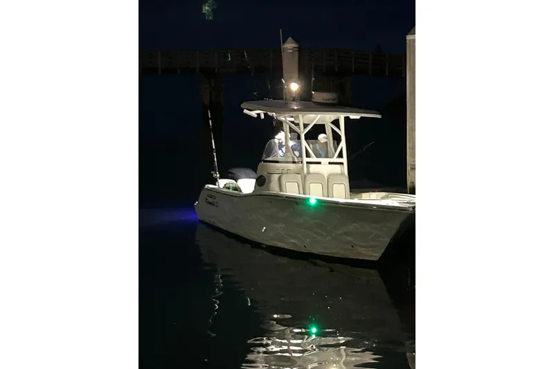 Slide: The Image of 2019 Sea Fox 249 Avenger boat illuminated at night near a dock. - 10