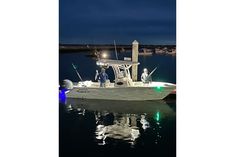 Slide: The Image of 2019 Sea Fox 249 Avenger boat illuminated at night on calm water. - 11