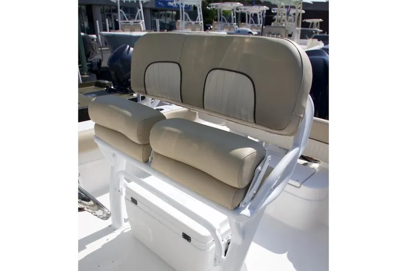 Slide: The Image of Manufacturer Provided Image: 2019 Sea Fox 249 Avenger boat seating with cushioned backrests and storage compartment. - 7