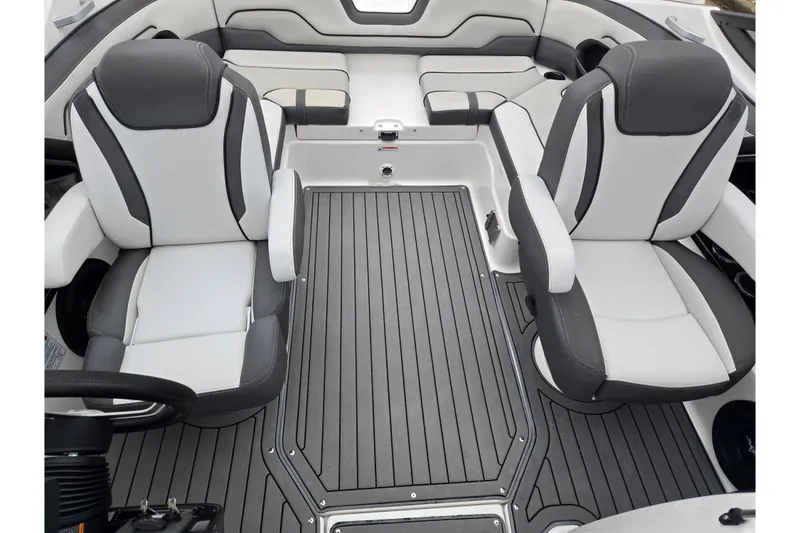 Slide: The Image of 2017 Yamaha Boats 212 Limited S interior with gray and white seating and flooring. - 22