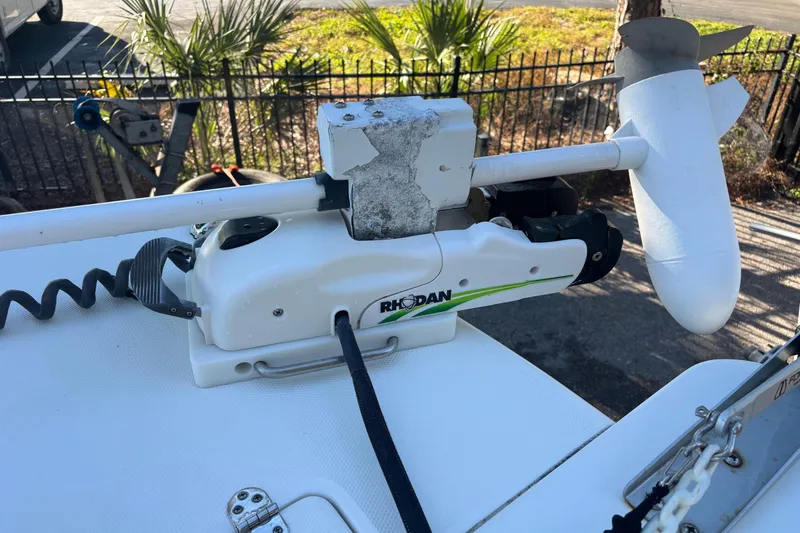 Slide: The Image of Rhodan trolling motor mounted on 2022 World Cat 235 CC boat deck. - 12