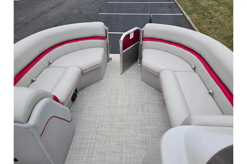 Slide: The Image of 2008 Berkshire CPT 24 RFX boat interior with gray and red seating, open gate view. - 20