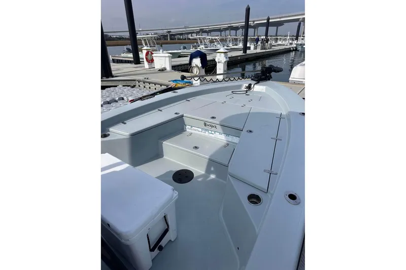 Slide: The Image of 2023 BlackJack 256 Bay boat docked at marina, showcasing spacious deck and seating. - 3