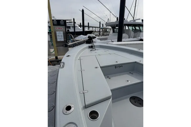 Slide: The Image of 2023 BlackJack 256 Bay boat docked, showcasing sleek deck design and fishing features. - 9