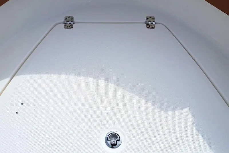 Slide: The Image of 2026 Pioneer 202 Sportfish boat deck with storage hatch and hinges. - 16