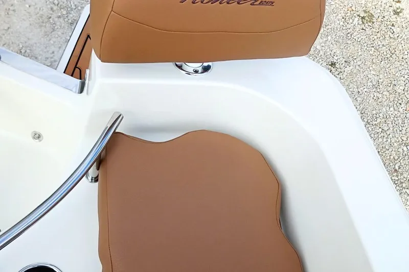 Slide: The Image of Brown cushioned seat on 2026 Pioneer 202 Sportfish boat, featuring sleek design and comfort. - 35